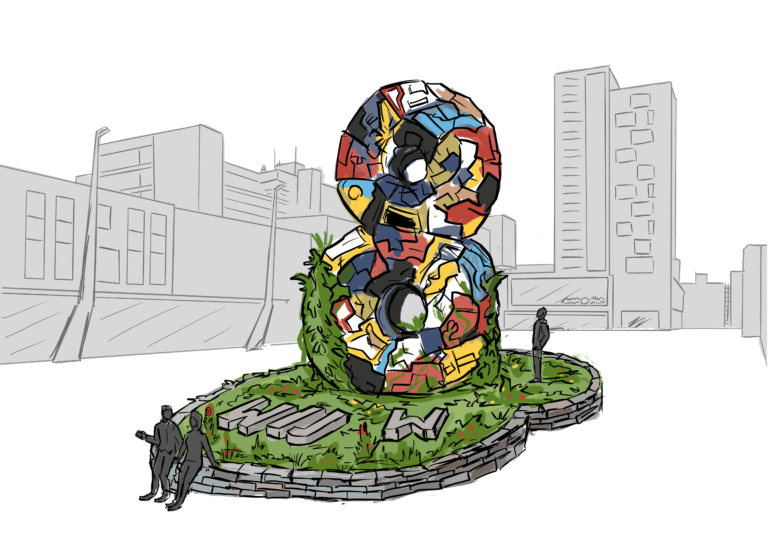 Schets van kunstwerk motorkappen Raadhuisplein