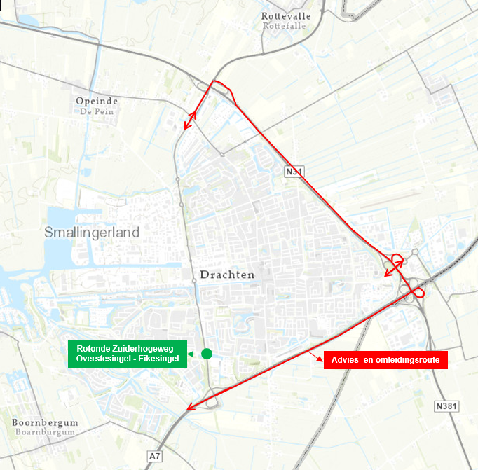 Adviesroute en omleidingsroute werkzaamheden rotonde Zuiderhogeweg